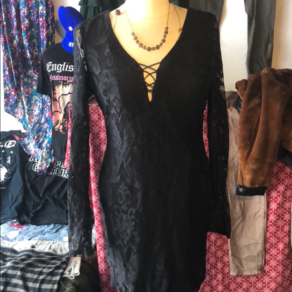 Black Mesh Lace Criss Cross Lace Dress